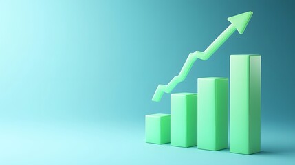 3D bar chart with upward arrow on a blue background representing business growth, success, and financial progress.
