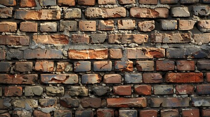 Fototapeta premium Weathered red brick wall with chipped bricks and mortar.
