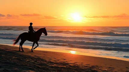 Silhouette of Horseback Rider at Sunset on the Beach.