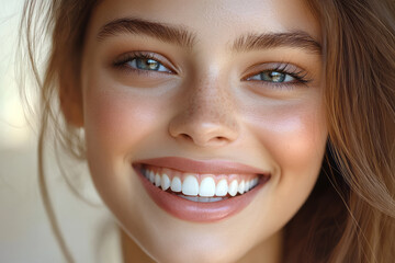 A polite smile, isolated on a pastel cream background, capturing warmth and friendliness,