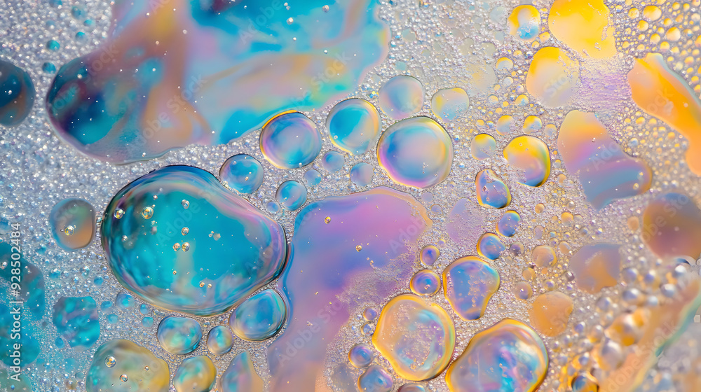 Poster a close-up view of iridescent soap bubbles creates an abstract pattern of colors and textures