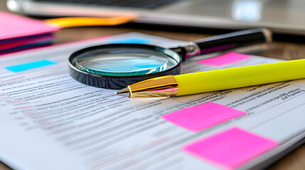 Fototapeta premium Close-Up of Well-Organized File Folder with Closing Cost Statements, Highlighter Pen and Magnifying Glass, Underlining Document Review