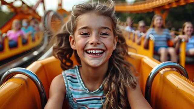 A young family enjoying themselves on a theme park rollercoaster. laughing, screaming, and having a great time on summer vacation together