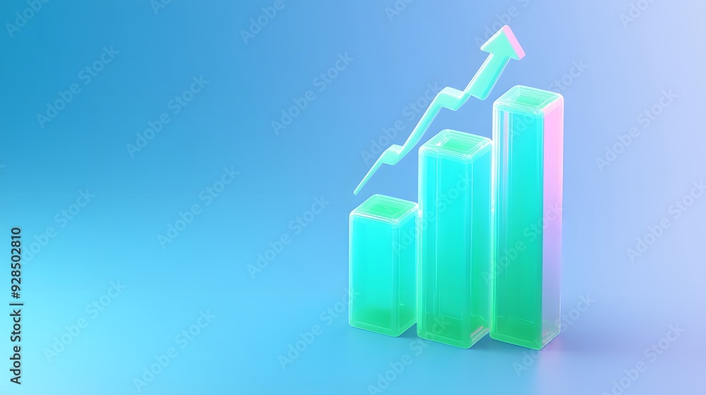 Poster 3d bar graph showing financial growth with an upward arrow on a gradient background. concept of busi