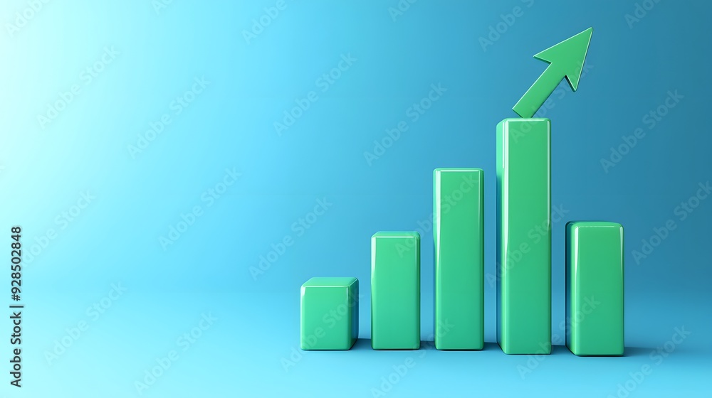 Poster 3d bar graph showing growth and success with green bars and upward arrow on blue background, symboli