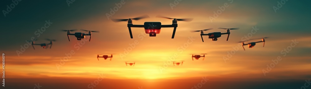 Poster futuristic ai-controlled drone fleet performing coordinated patterns in sky innovation - 3d illustra