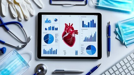 Tablet Displaying Human Heart Graphic and Medical Charts on Desk, Surrounded by Stethoscopes, Scissors, Forceps, Pens, Pencils, and Notepad, Highlighting Technology Integration in Healthcare - Powered by Adobe