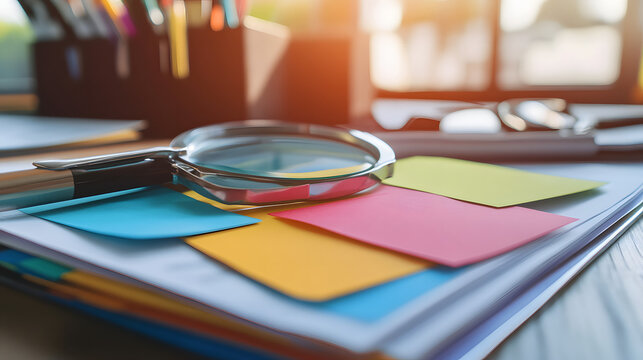 Close-Up of Well-Organized File Folder with Closing Cost Statements, Highlighter Pen and Magnifying Glass, Underlining Document Review