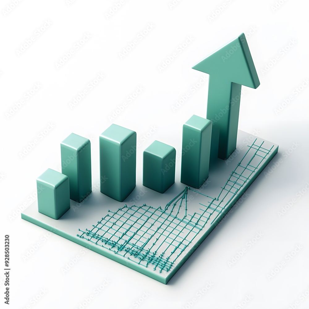 Aufkleber 3d bar graph with an upward arrow indicating growth and progress on a white background.