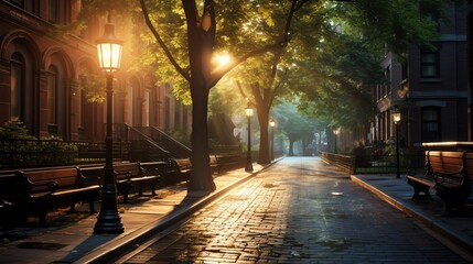 A tranquil street scene illuminated by soft morning light, featuring benches and lush trees in a serene urban environment.