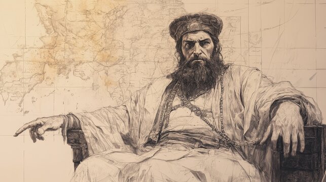 Biblical Illustration of Haman&rsquo;s Plot Against the Jews: Haman Seated in His Luxurious Chamber, Face Twisted in Anger and Malice as He Hatches a Plan Against the Jews