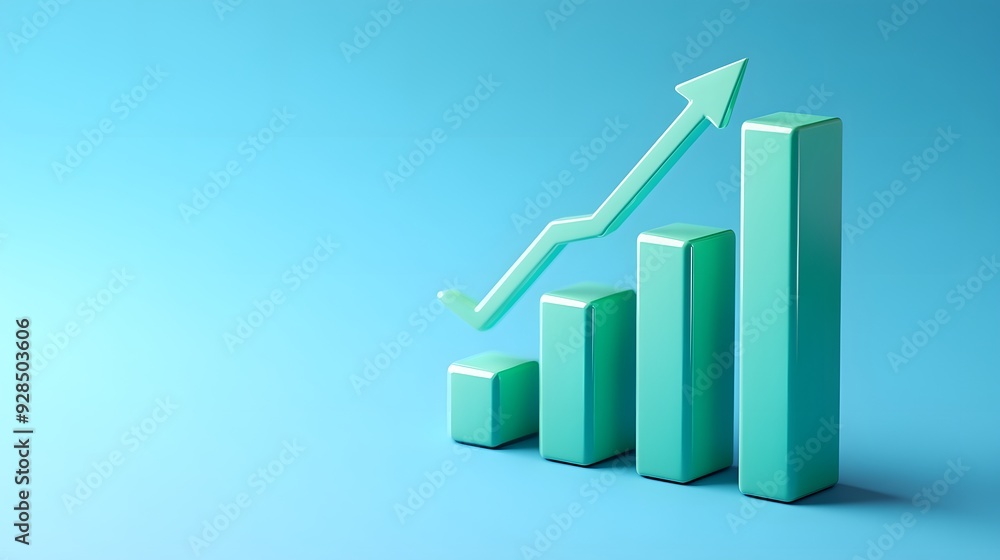 Poster 3d bar graph with an upward arrow representing growth and progress on a light blue background, symbo