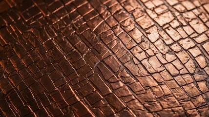 An image focused on a detailed metallic brickwork tinted with copper, presenting an intriguing abstract allure.