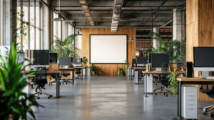 Modern Office Interior with Blank Wall.