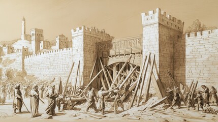 Fototapeta premium Biblical Illustration of The Wall Repaired: People Repairing the Gates of Jerusalem, With Craftsmen Carving and Fitting New Wooden Beams While Others Reinforce Stonework