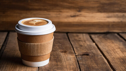A takeaway coffee cup placed on a wooden table, ready for someone to grab and enjoy its hot contents on the go.