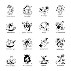 Collection of Scary Demons Doodle Icons 


