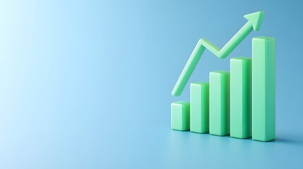 3D bar graph with arrow showing growth on blue background, representing success and increasing business metrics, statistics, and analytics.