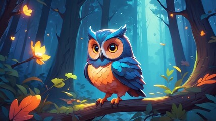 Naklejka premium An owl with wide eyes calmly sits on a branch in a serene forest illuminated by the soft glow of night lights.