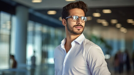 Obraz premium waist-up shot of an Arab man wearing a white shirt and eyeglasses, with a modern office building interior as the background. 