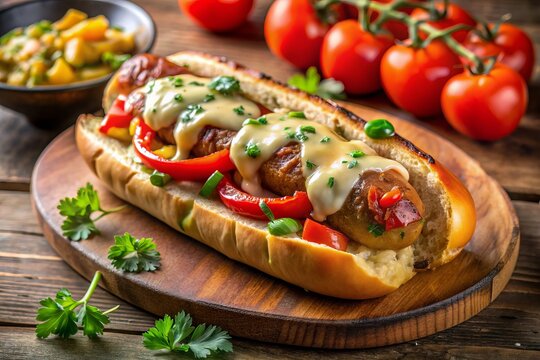 Savory grilled sausage topped with melted kashar cheese, nestled among juicy tomatoes, crispy peppers, and served with a side of tangy special sauce.