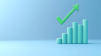 3D bar graph with upward arrow on blue background, symbolizing business growth, success, and progress in financial statistics and analytics.