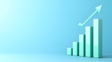 3D bar graph with upward arrow on blue background symbolizing growth, success, and business progress. Ideal for financial and business concepts.