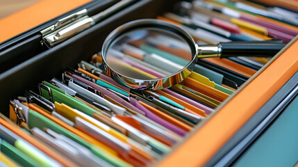 Close-Up of Well-Organized File Folder with Closing Cost Statements, Highlighter Pen and Magnifying Glass, Underlining Document Review