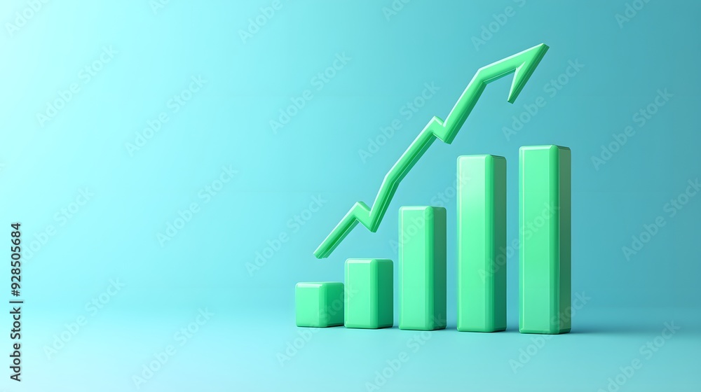 Poster 3d bar graph with upward arrow representing growth and success in a minimalistic blue and green setu