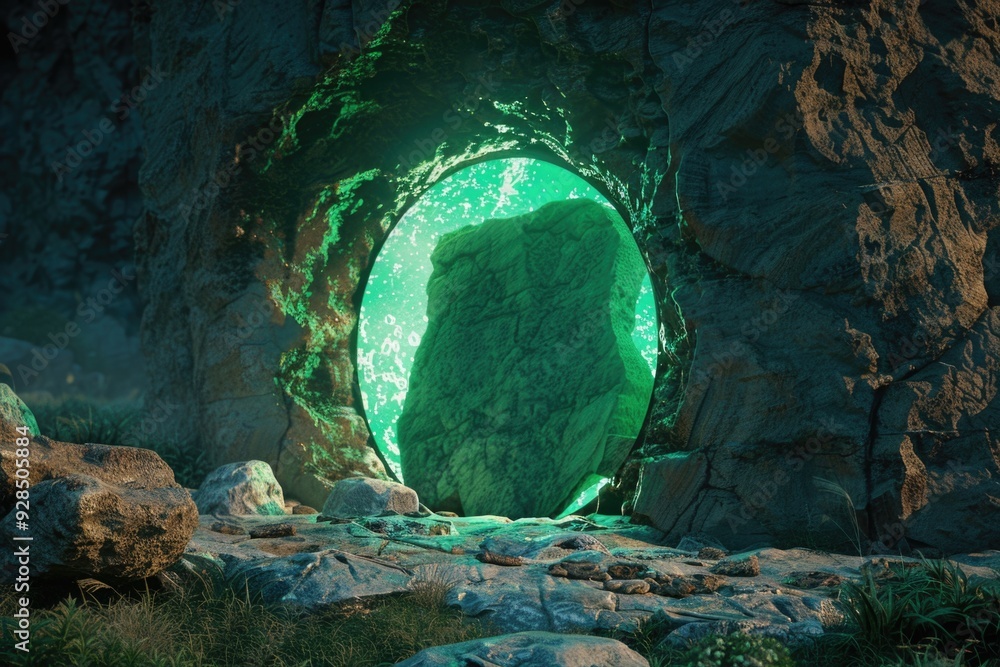Poster a cave with a mysterious green glow emitting from within