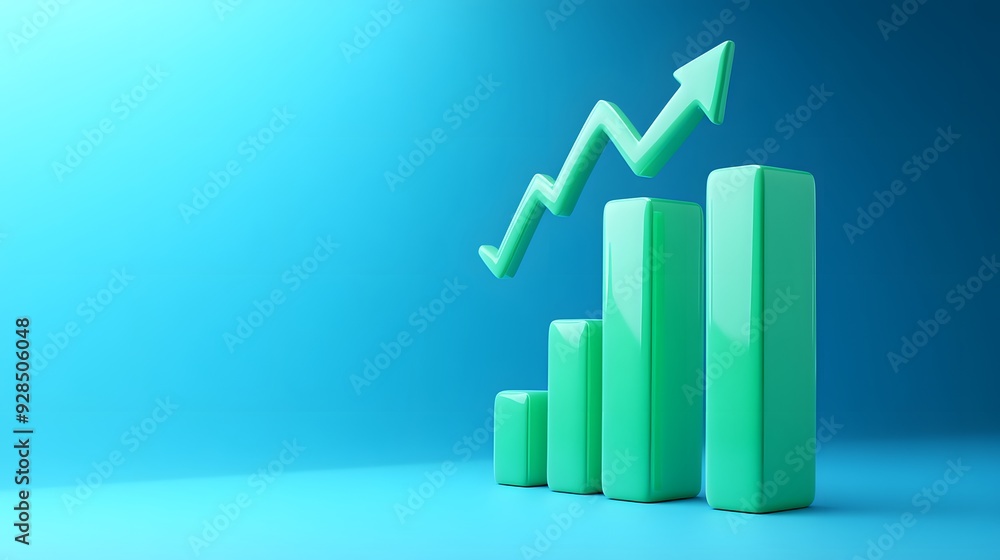 Poster 3d graph bars displaying upward economic growth with an arrow symbolizing success and progress again
