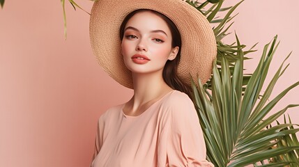 Fototapeta premium A young woman with flawless skin and bright eyes wears a wide-brimmed straw hat and a peach blouse, posed next to lush green palm fronds against a pink background.