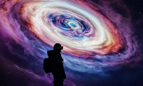 Cosmic Wonder: A solitary figure stands in awe before a vast, swirling nebula, its vibrant colors painting the night sky. This mesmerizing photograph evokes a sense of wonder, mystery, and the infinit