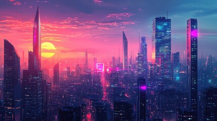 Obraz premium Futuristic Cityscape at Sunset.