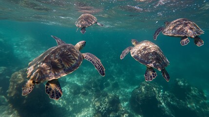Obraz premium Sea turtles swimming gracefully in clear turquoise waters over a coral reef during daylight