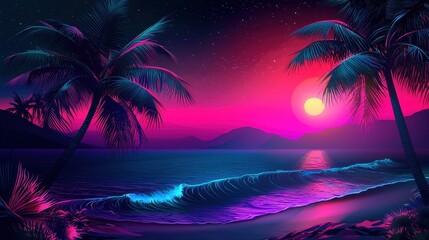 Neon Sunset Over Tropical Beach.