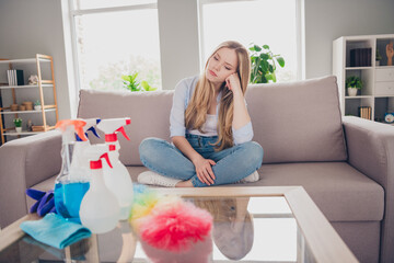 Photo of overworked stressed young lady wear casual shirt dislike weekend cleaning indoors room...