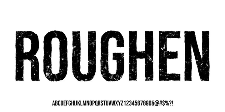 Grunge Font. Rustic Font. Distressed Font. Rough Font. Uppercase. Number and Symbol. For Fashion Sport Film Movie Design Vector illustration 