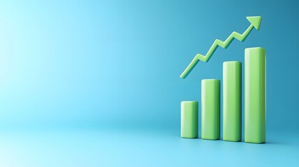 3D green bar chart showing growth on a blue background, representing financial success, business growth, and positive trends in data analysis.