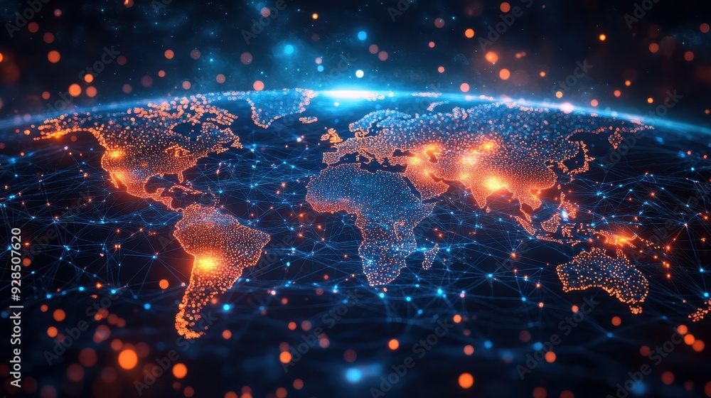 Poster global connectivity - vibrant digital world map with interconnected nodes and lines