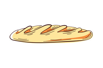 French baguette, featuring a long, narrow shape in line art style. Loaf of bread. Bakery shop menu. Vector illustration isolated on a white background.