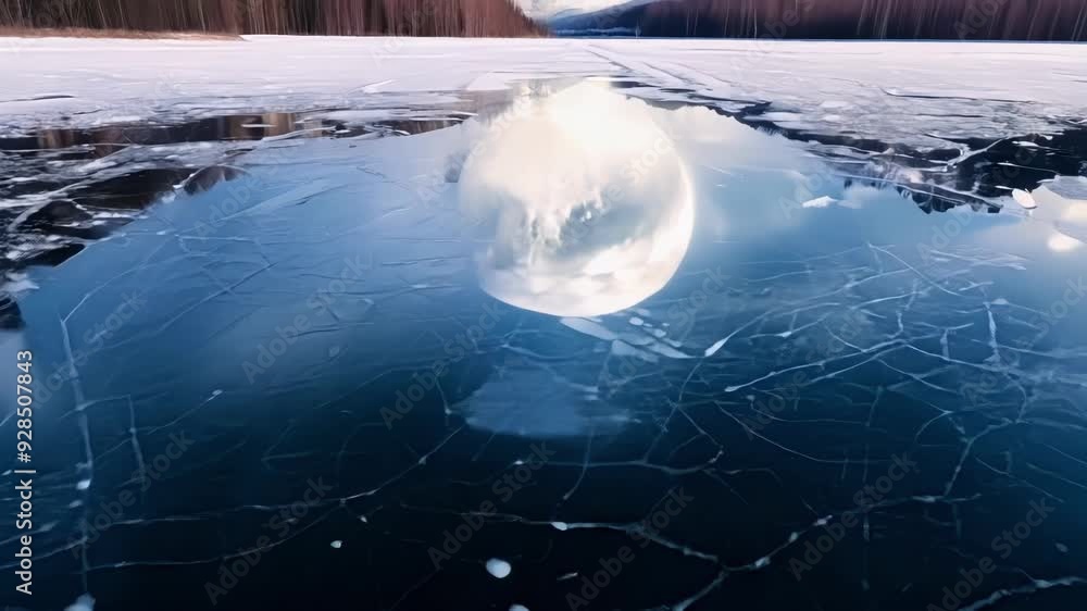Poster frozen lake surface reflecting the cloudy sky above, creating abstract shapes and patterns reminisce