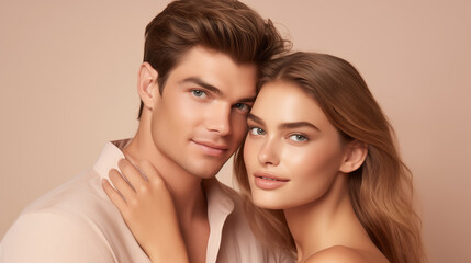 Beauty portrait of pretty young couple, beautiful woman and man together posing on studio background