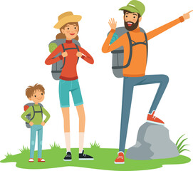 Family hiking together. Parents and kid with travel backpack