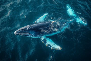 Fototapeta premium Ariel view of a humpback whale swimming in the water