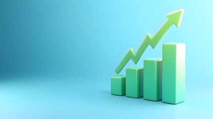 3D green bar graph ascending with an arrow on a blue background, representing growth, success, and progress in business or finance.