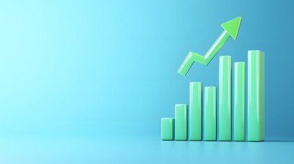 3D green bar graph with an upward arrow on a blue background, representing growth, success, and business development.