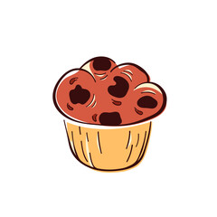 Brown Muffin with chocolate in flat style. Design of sweet baked cupcake for pastry shop, bakery. Vector illustration isolated on a white background.
