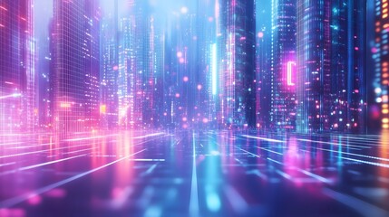 Futuristic Cityscape with Neon Lights and Digital Grid