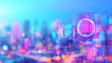 Futuristic Cityscape with Neon Lights and Digital Interfaces